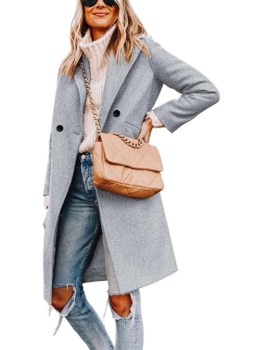 Women's Light Grey Wool Coat Notch Lapel Double-Breasted Casual Mid-Length